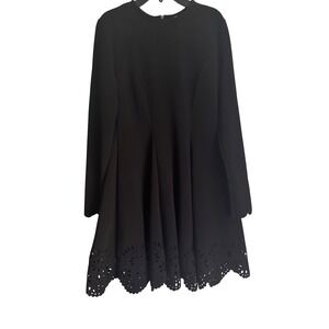 Black Fit & Flare Dress Long Sleeve Laser Cut Hem Party Cocktail‎ women's XL